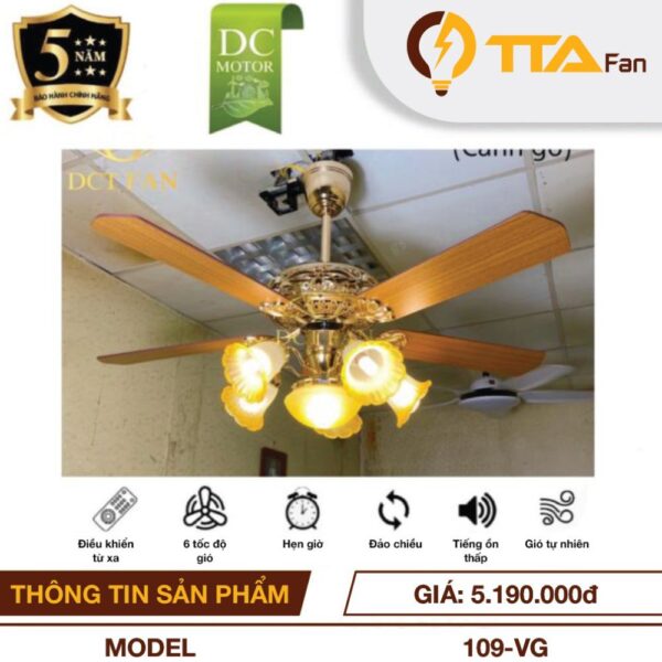 Quạt trần 5 cánh DCT Fan 109 cánh gỗ vàng, đồng